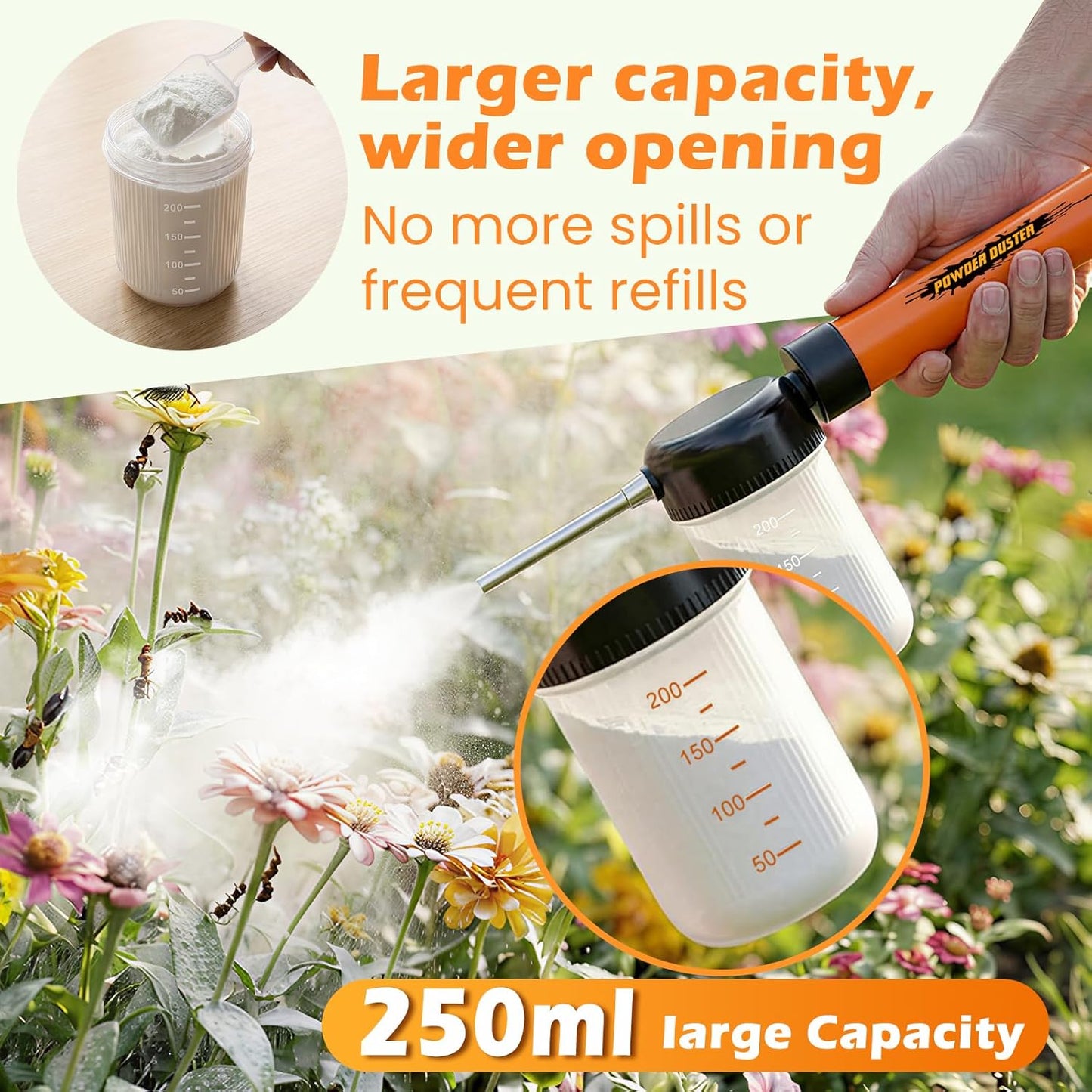 Diatomaceous Earth Powder Duster with Adjustable 4FT Rod, Adjustable Output Pump, 250ml Large Capacity Tank & Clog-Free Design, Powder Dispenser for Indoor/Outdoor Gardening
