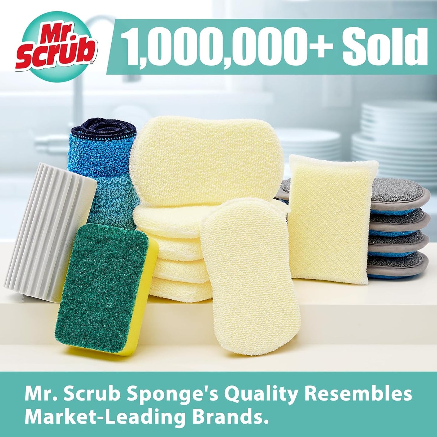 Mr. Scrub Kitchen Sponges, Dish Scrub Sponge 12 Pack Odor-Resistant, Quick-Drying, Non-Scratch for Washing Dishes, Pans, Pots & Nonstick Cookware