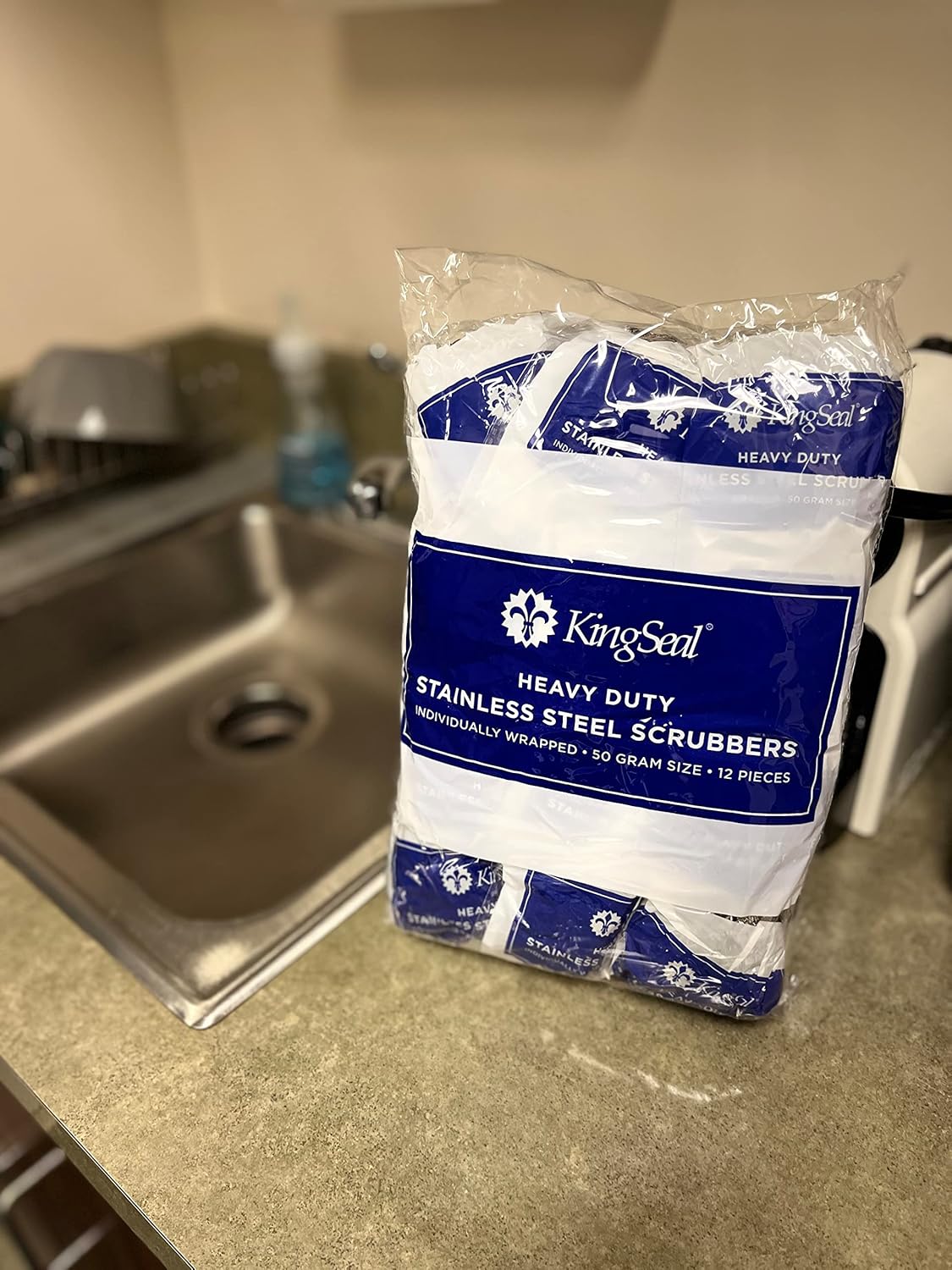 24 Count | KingSeal Stainless Steel Scrubbers, Scrub Pads, Heavy Duty, 50 gram Weight, Individually Wrapped - 2 Packs of 12 Scrubbers