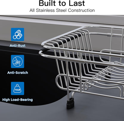 JASIWAY Dish Drying Rack in Sink, Expandable Stainless Steel Dish Drainers for Kitchen Counter, Dish Dryer Rack for Inside Sink, Over The Sink Dish Racks with Utensil Holder, Silver