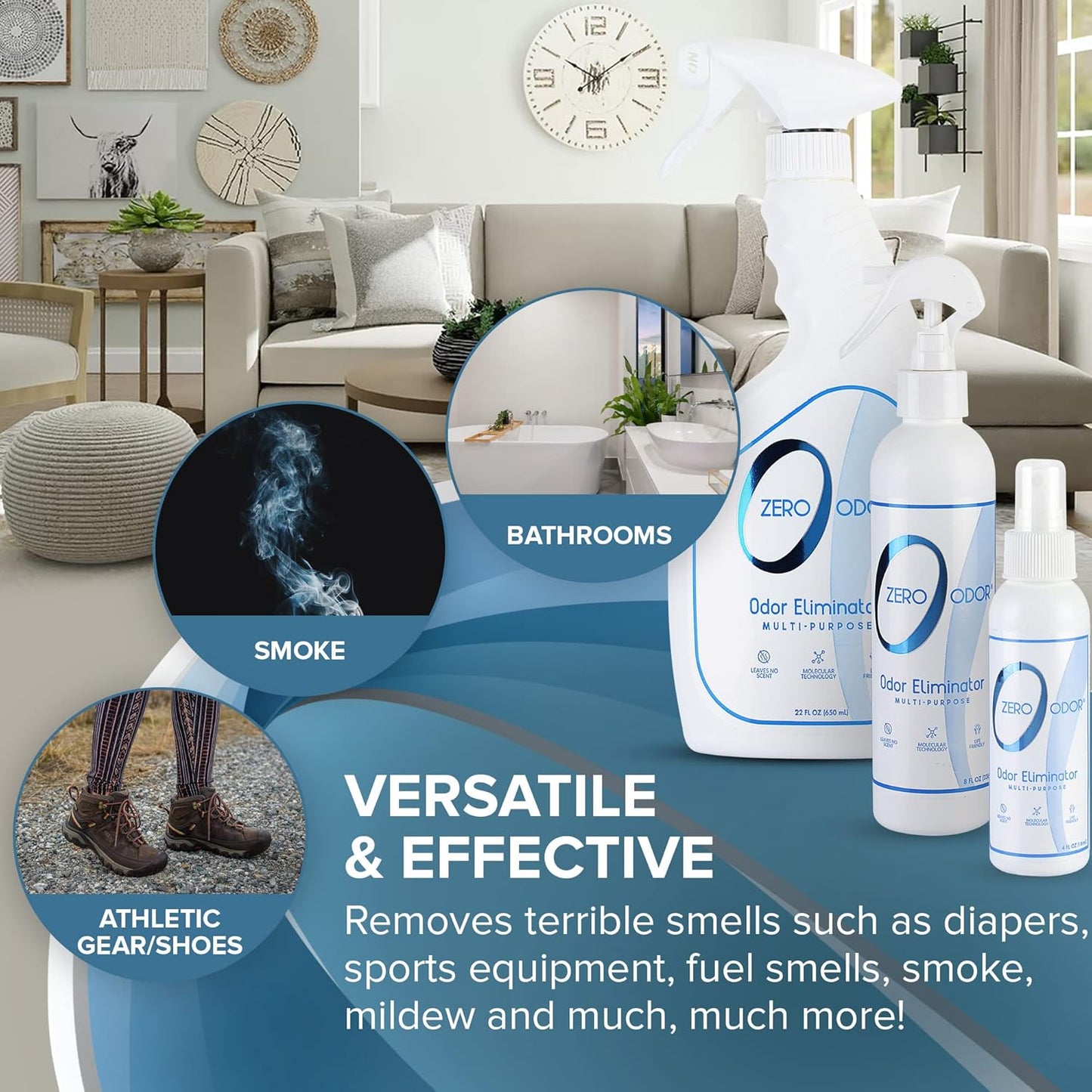 Zero Odor – Multi-Purpose Odor Eliminator - Air & Surface Odor – Patented Technology for Bathroom, Kitchen, Fabric, Closet- Smell Great Again, 16oz
