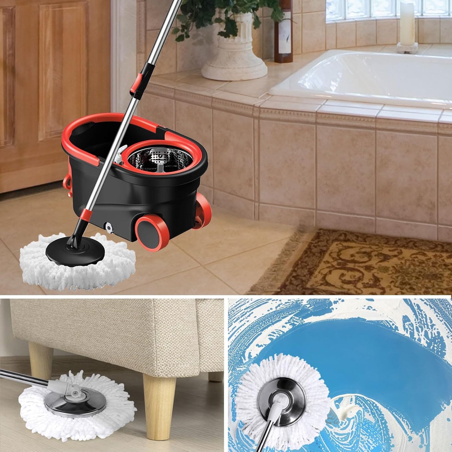 Spin Mop and Bucket with Wringer Set, 360° Rotating Head Mop Bucket System with 3 Microfiber Mop Refills Wet and Dry Suitable for Office and Home Use, Green (Green)
