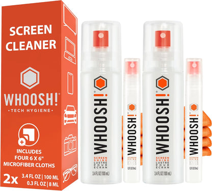WHOOSH! Screen Shine Duo XL - Screen Cleaner Spray and Wipe for Eyeglasses, Phone & Laptop - Removes Fingerprints - Includes 3.4 oz + 1 oz Leak-Free Bottles & 2 Microfiber Cloths for Home & Travel