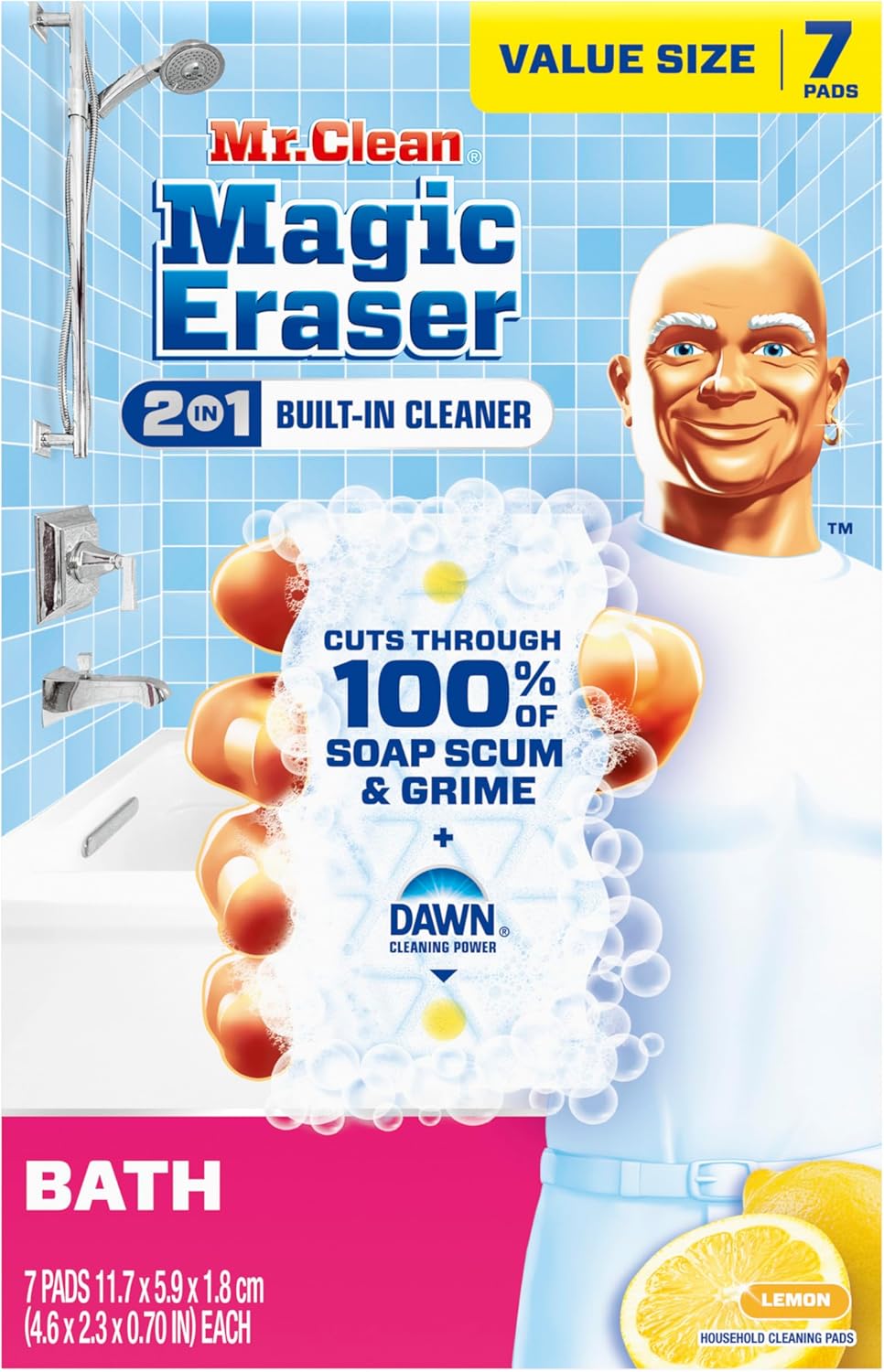 Mr. Clean Magic Eraser Sponge, Bathroom, Shower, Tub Cleaner, Soap Scum Remover, Bathroom Cleaning Supplies, Dawn Cleaning Power with Lemon Scent, Shower & Tub, 6ct