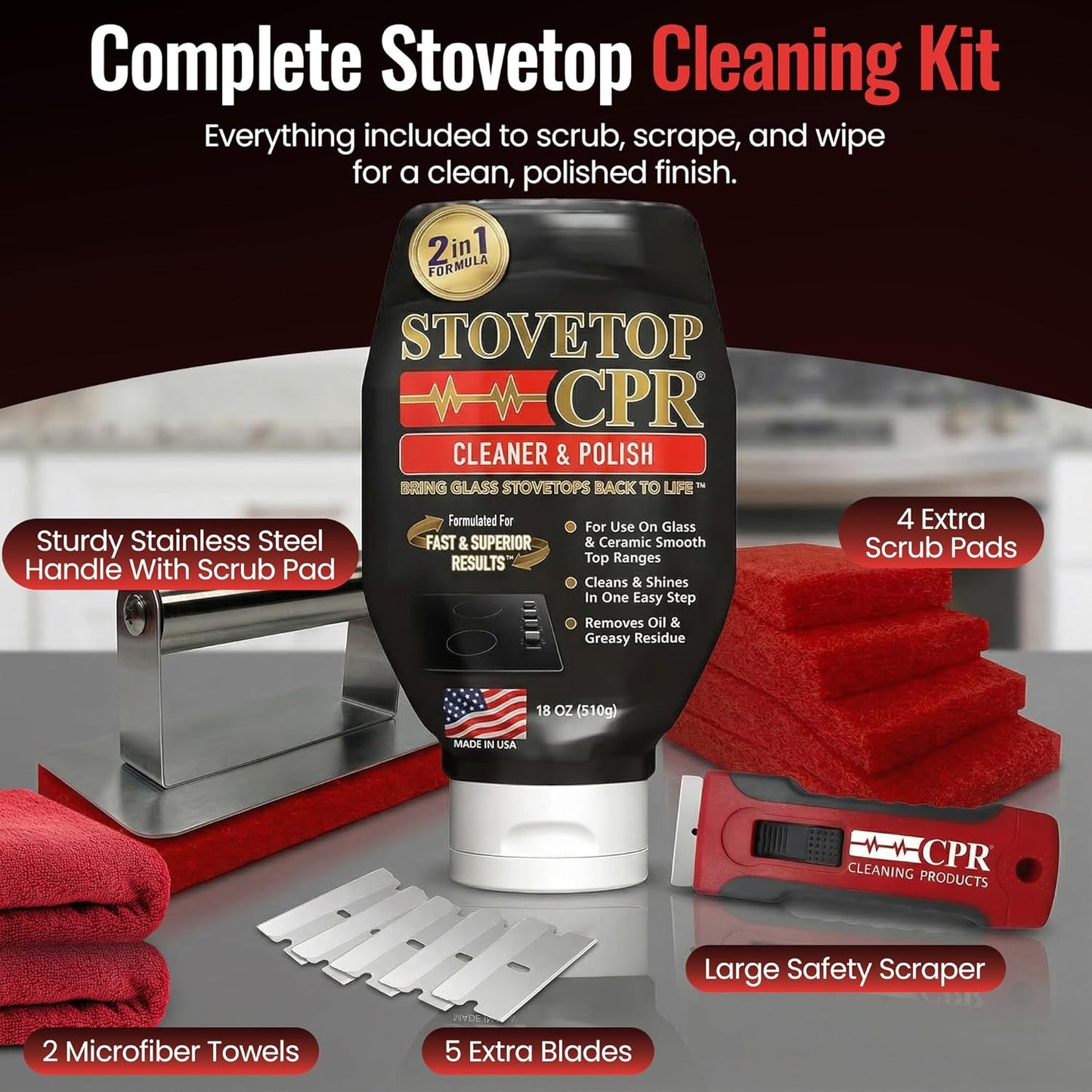 Stovetop CPR Glass Cooktop Cleaner Kit (18oz) – Ceramic Stove Cleaner, Polish, Scrubber Pads, Razor Scraper & Microfiber Towels