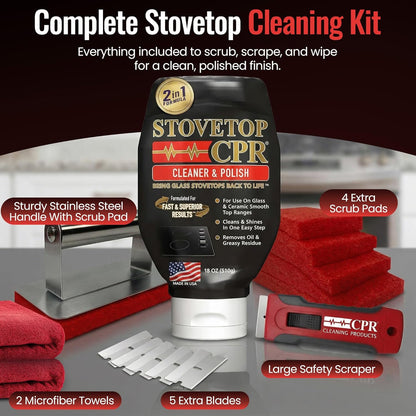 Stovetop CPR Glass Cooktop Cleaner Kit (18oz) – Ceramic Stove Cleaner, Polish, Scrubber Pads, Razor Scraper & Microfiber Towels