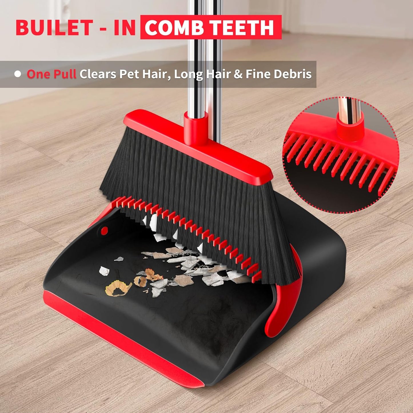 Upgraded Broom and Dustpan Set, 52" Long Handle Standing Combo with Self-Cleaning Teeth – Perfect for Pet Hair, Kitchen, Office, Home, Indoor & Outdoor Cleaning(Orange & Gray)