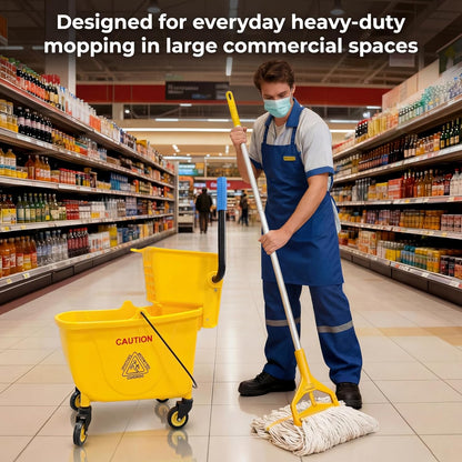 33 Qt Commercial Mop Bucket, with Side-Press Wringer on Wheels. Includes an Industrial Mop. Yellow Industrial Mop Bucket, Suitable for Home, Commercial, Restaurant Cleaning