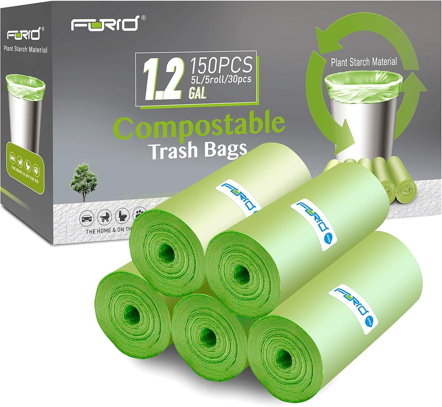 Compostable Trash Bags - FORID 13 Gallon Tall Kitchen Garbage Bags 80 Count Unscented Trash Can Liners 55 Liter Medium Wastebasket Bags for Bathroom Home Bedroom Office Garbage Can (5Rolls/Green)