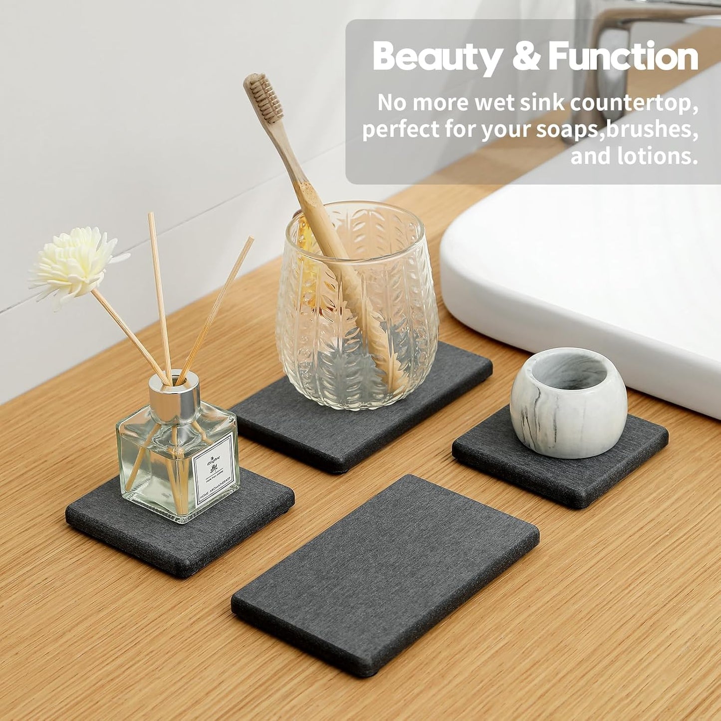2PCS Water Absorbing Stone Drying Tray for Kitchen Counter & Bathroom Sink, Diatomite Faucet Splash Guard, Soap Dispenser Rack & Sponge Holder Caddy Organizer, Marble White (Printed Pattern), 9"x 3.5"
