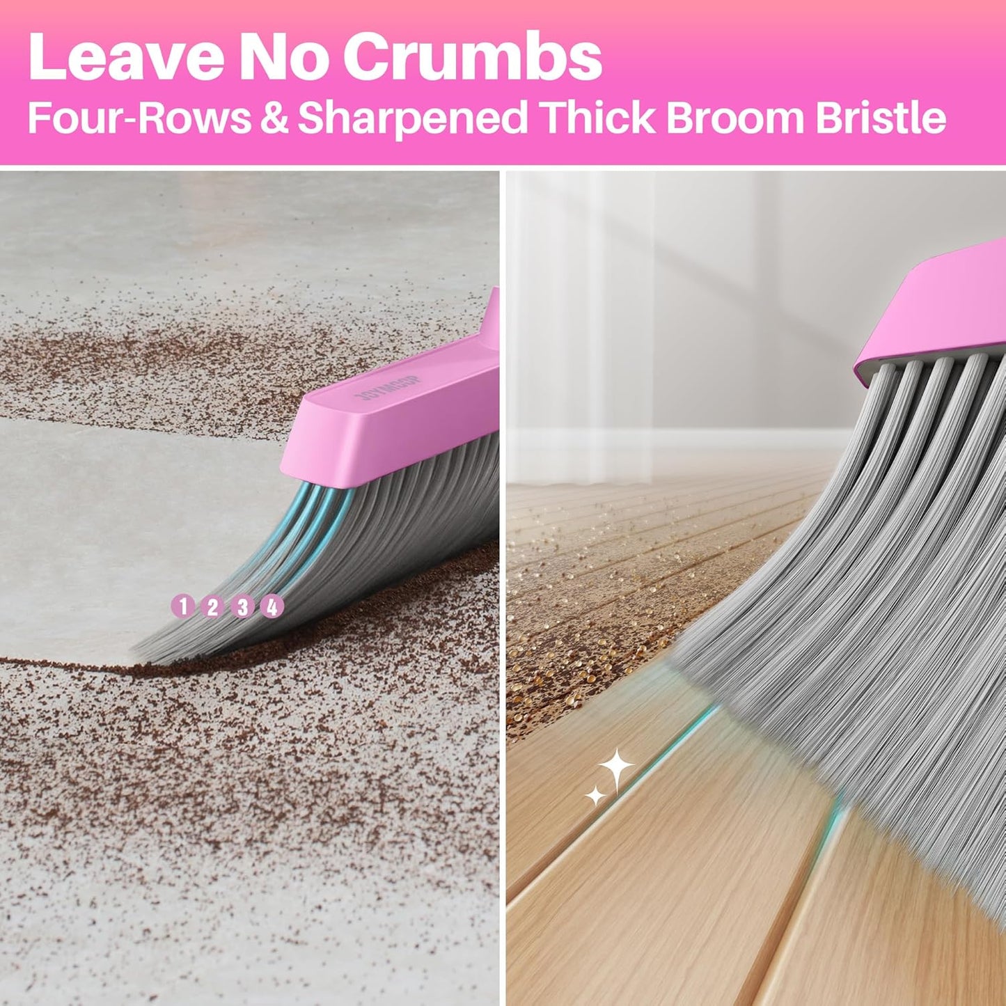 JOYMOOP White Broom and Dustpan Set, Upright Angle Design with Built-in Comb Teeth for Kitchen, Office, Pet Hair, Hard Floors