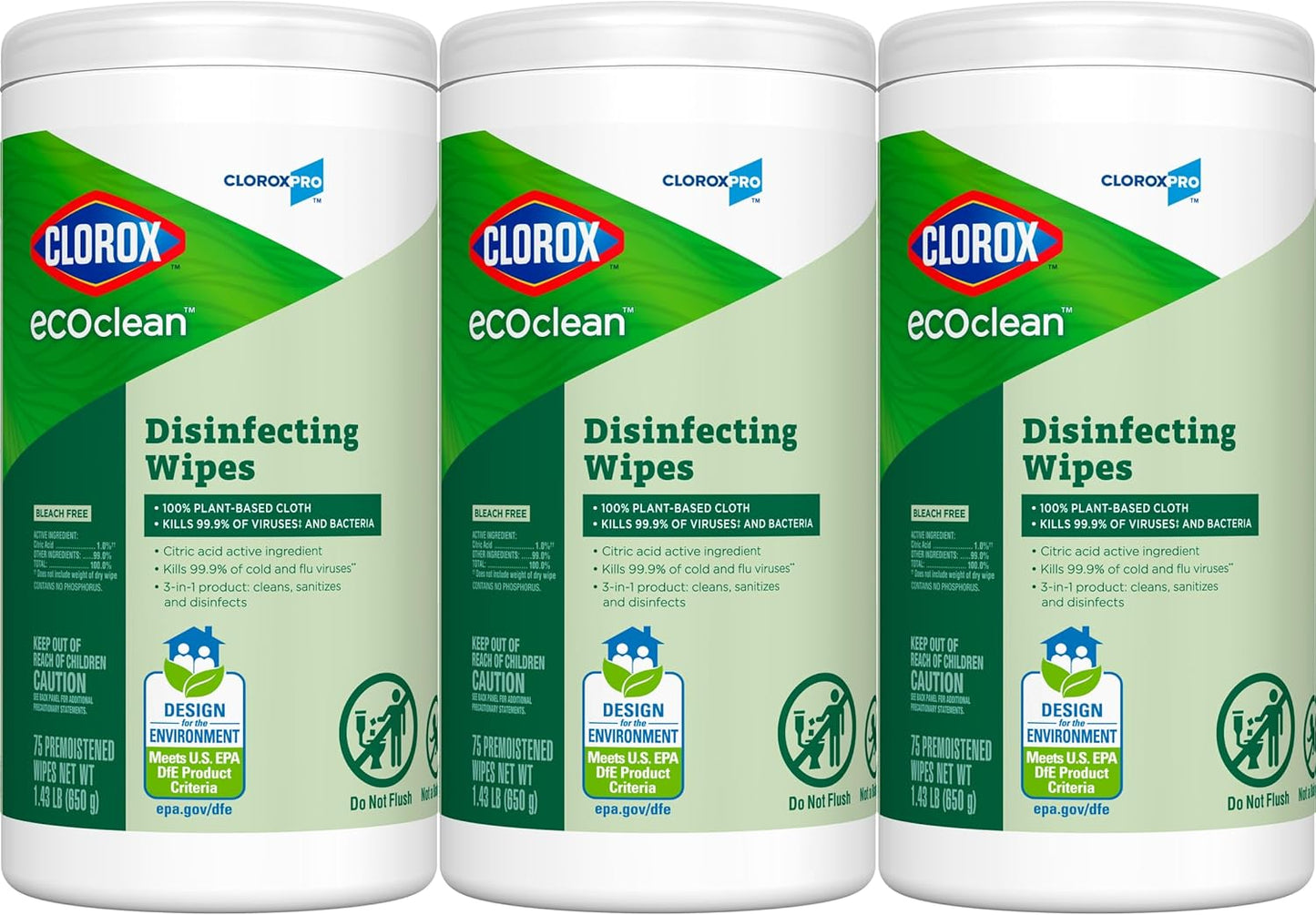 CloroxPro Clorox EcoClean Disinfecting Wipes, Multipurpose 100% Plant Based Cleaning Cloths, Antibacterial Disinfectant, Safe for Multi Surface Use, 75 Count
