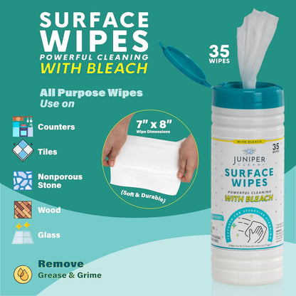 Juniper CLEAN 3 Pack Surface Cleaning Wipes with Bleach, All-Purpose Cleaner for Bathroom, Kitchen, Office, 216 Count Soft Flow, Fresh Scent, Lint Free & Durable
