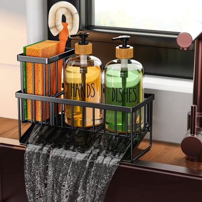 Cisily Kitchen Dish Soap Dispenser Set with 2 Pack 16.9oz Black Glass Bottle and Sponge Holder, Dish Soap Dispensers with Adjustable Sponge Holder, Vintage Hand and Dish Soap Dispensers Set