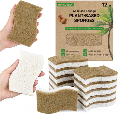 12 Pack Biodegradable Kitchen Dish Sponges, Natural Plant-Based Coconut Fiber and Compostable Cellulose Sponge, Non-Scratch Heavy Duty Scrub Sponges for Non-Stick Cookware, Kitchen Household Cleaning