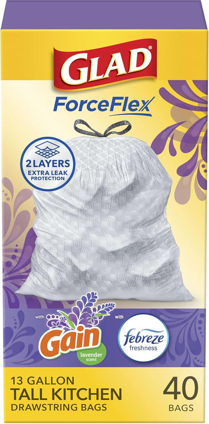 Glad ForceFlex Tall Kitchen Trash Bags, 13 Gal, Gain Lavender with Febreze, 110 Ct (Pack May Vary)