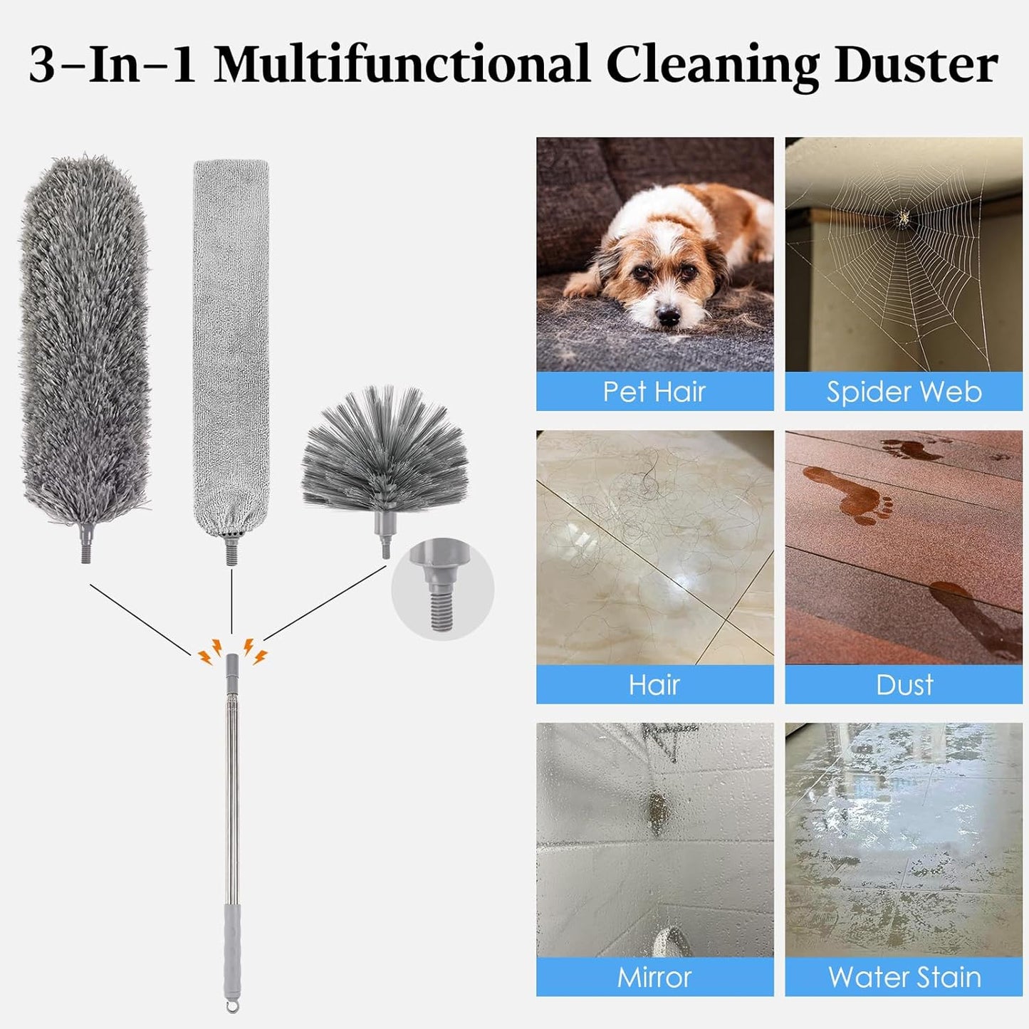 Microfiber Feather Duster 5-in-1 Kit with Extension Pole, Washable Cleaning Duster Set with 3 Duster Heads, Cobweb Duster, Corner Brush, 100'' Extendable Long Duster for High Ceilings, Fans, Furniture