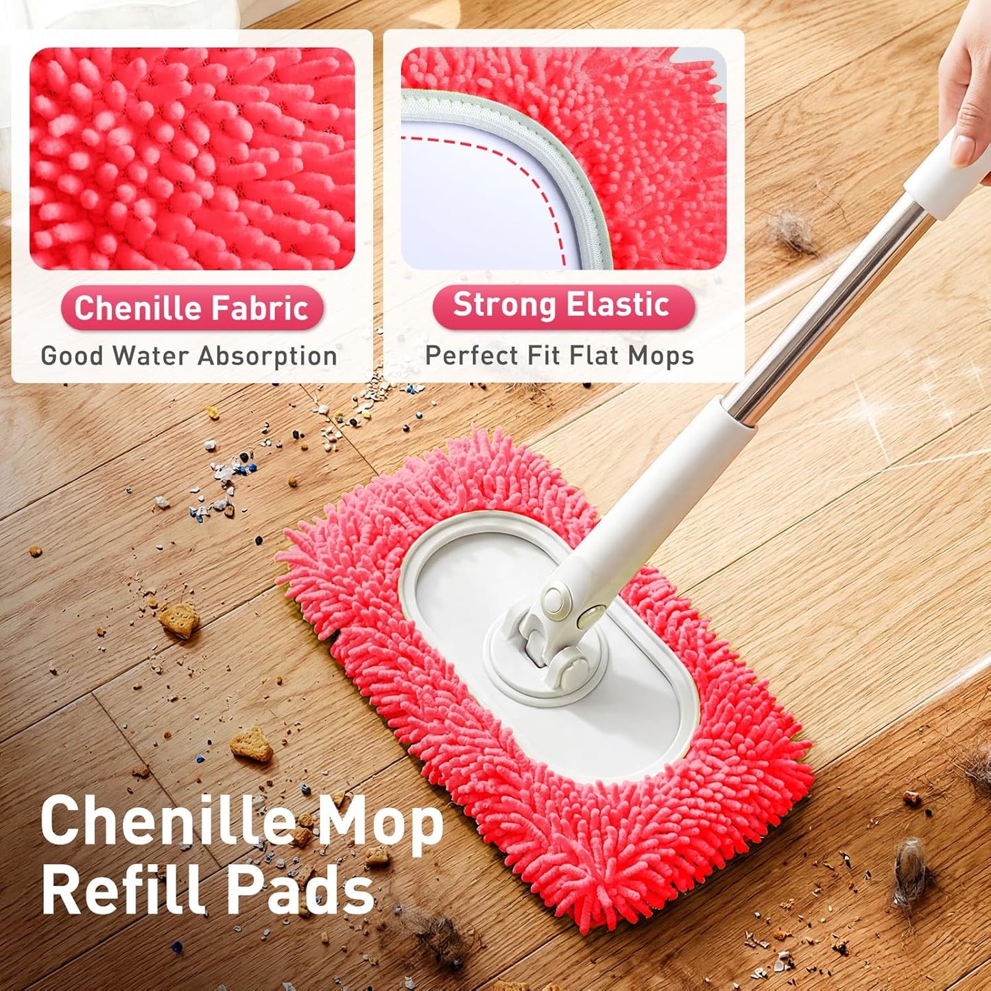 6 Pack Reusable Microfiber Mop Pads Compatible with Sweeper Mops, Replacement Mopping Pads Dry Sweeping Cloths, Washable Chenille Flat Mops Refills for Mopping Floor Cleaning (Mop is not Included)