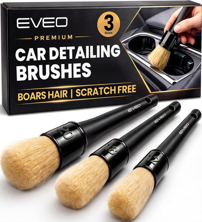 EVEO Car Detailing Brush Set - (3 Pack) Car Detailing Kit Interior, Car Interior Detailing Kit Car Detailing Brushes - Car Cleaning Brush, Car Detailing Brushes, Car Detailing Tools | Soft Boars Hair