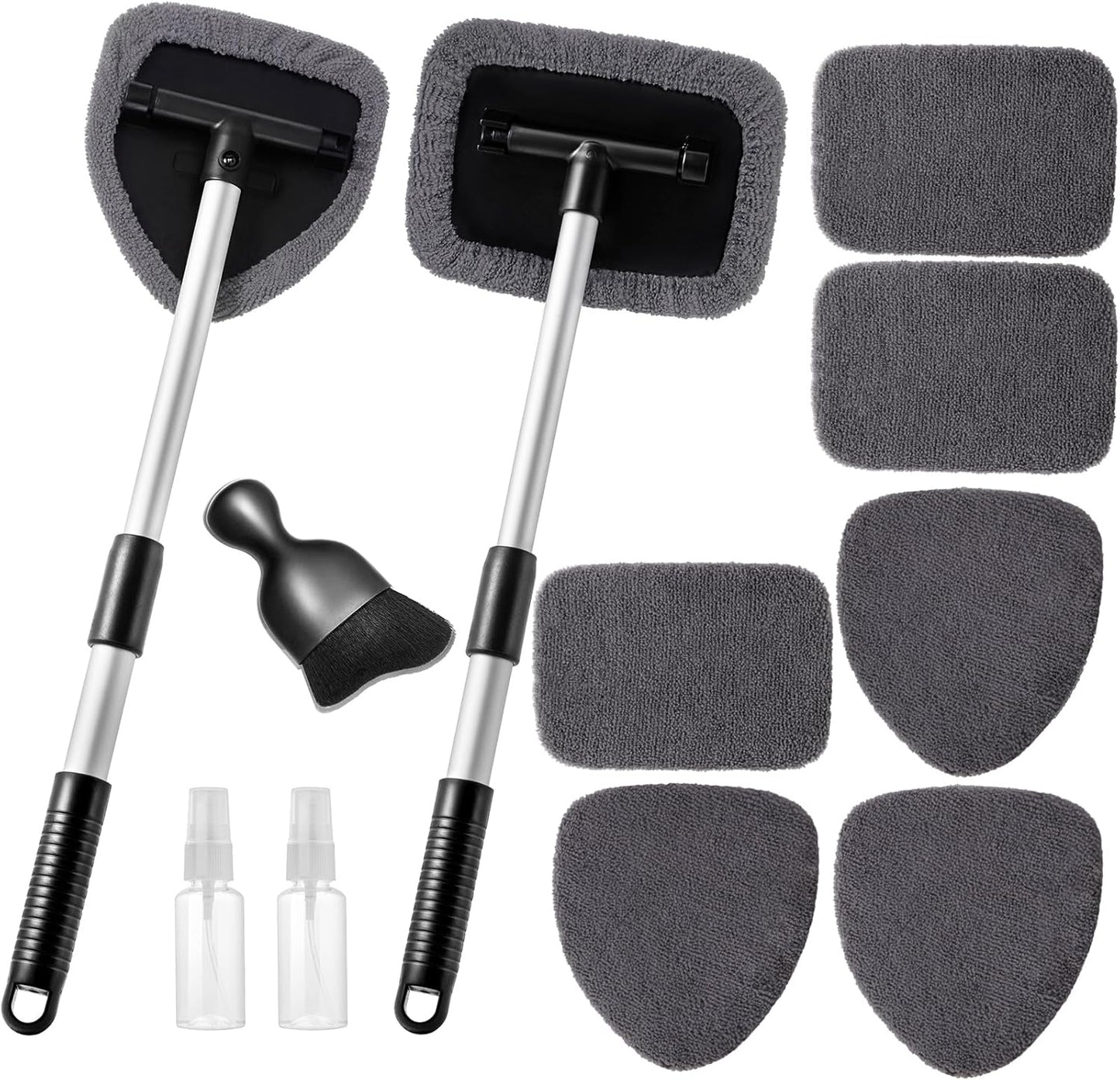 Qydipclin 11pcs Windshield Cleaner Tool, Car Window Cleaning Wash Kit with 6 Reusable Microfiber Pads 2 Spray Bottles and Extendable Handles Auto Glass Wiper Kit, Blue