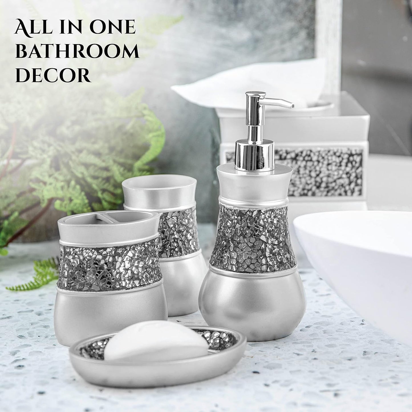 Creative Scents Crackled Glass Toilet Brush with Holder - Silver Toilet Bowl Cleaner Brush and Holder - Good Grip, Deep Cleaning, Decorative Design Compact Toilet Bowl Scrubber