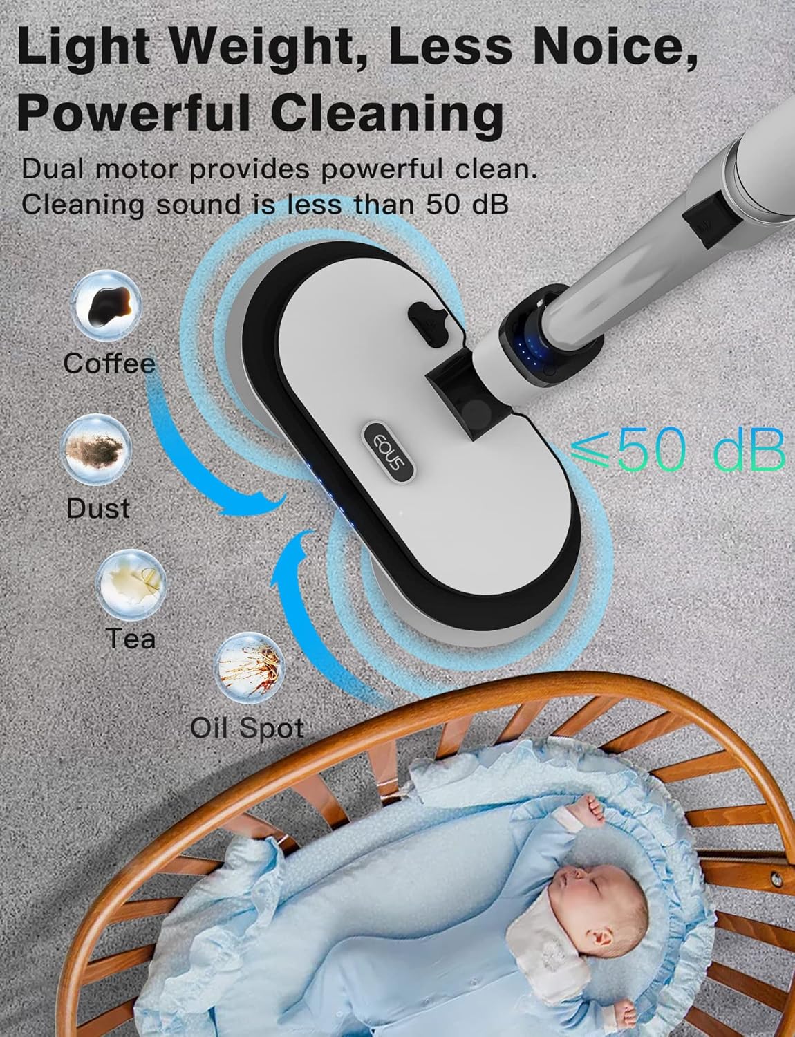 Cordless Electric Mop, Floor Cleaner with LED Headlight & Water Sprayer, Up to 60 Mins Detachable Battery, Dual-Motor Powerful Spin Mop, 300ML Water Tank for Multi-Surface, Self-Propelled
