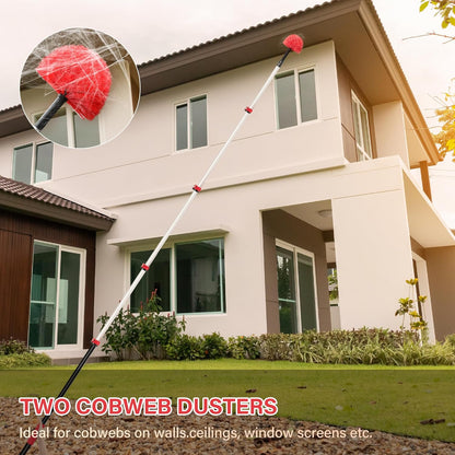 5-12 FT Extension Pole with 2 Outdoor Cobweb Brushes, 20 FT High Reach Ceiling Fan Cleaner Duster for Home, 12 FT Extendable Pole with 4 Pcs Dusting Tools, Cubweb Dusters, Feather Dusters, Fan Duster