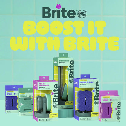 Brite by Scotch-Brite Palm Scrubber with Drain + Dry Stand, Household and Kitchen Sponge for Washing Dishes with Comfy Grip, 1 Scrub Sponge with Soap Dispenser