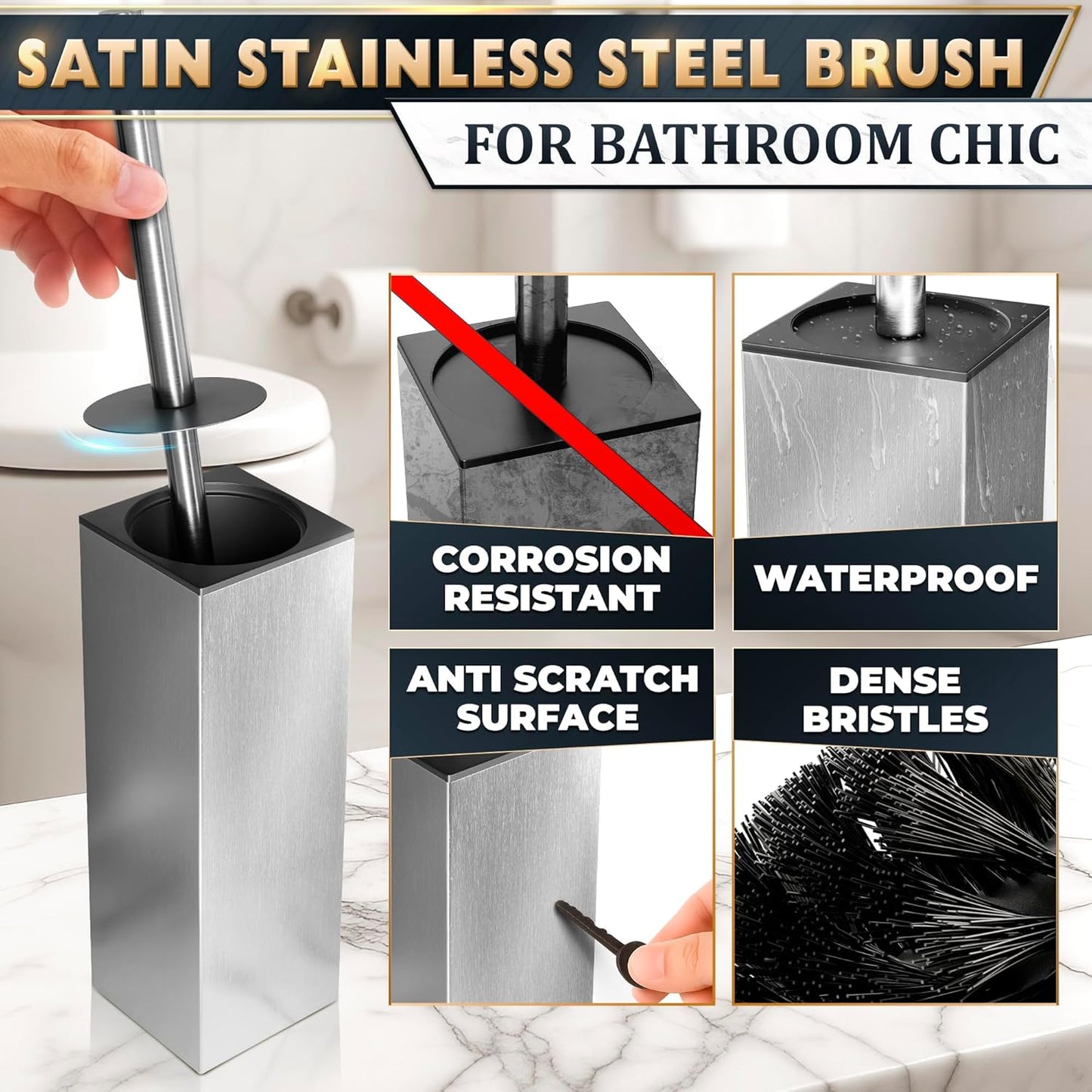Stylish Stainless Steel Toilet Brush and Holder Set - Silver Toilet Bowl Brush and Holder with Splash Cover, Sturdy Bristles, Corrosion & Scratch Resistant - Elegant Design, Effective Deep Cleaning