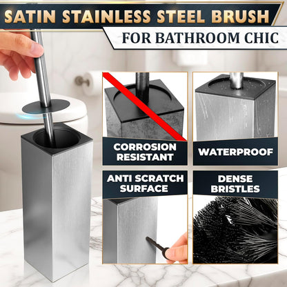 Stylish Stainless Steel Toilet Brush and Holder Set - Silver Toilet Bowl Brush and Holder with Splash Cover, Sturdy Bristles, Corrosion & Scratch Resistant - Elegant Design, Effective Deep Cleaning
