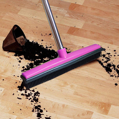 Telescopic Rubber Broom with Squeegee, Multifunction Adjustable Pet Hair Removal Carpet Rake for Fluff Rug Hardwood Floor (Black)
