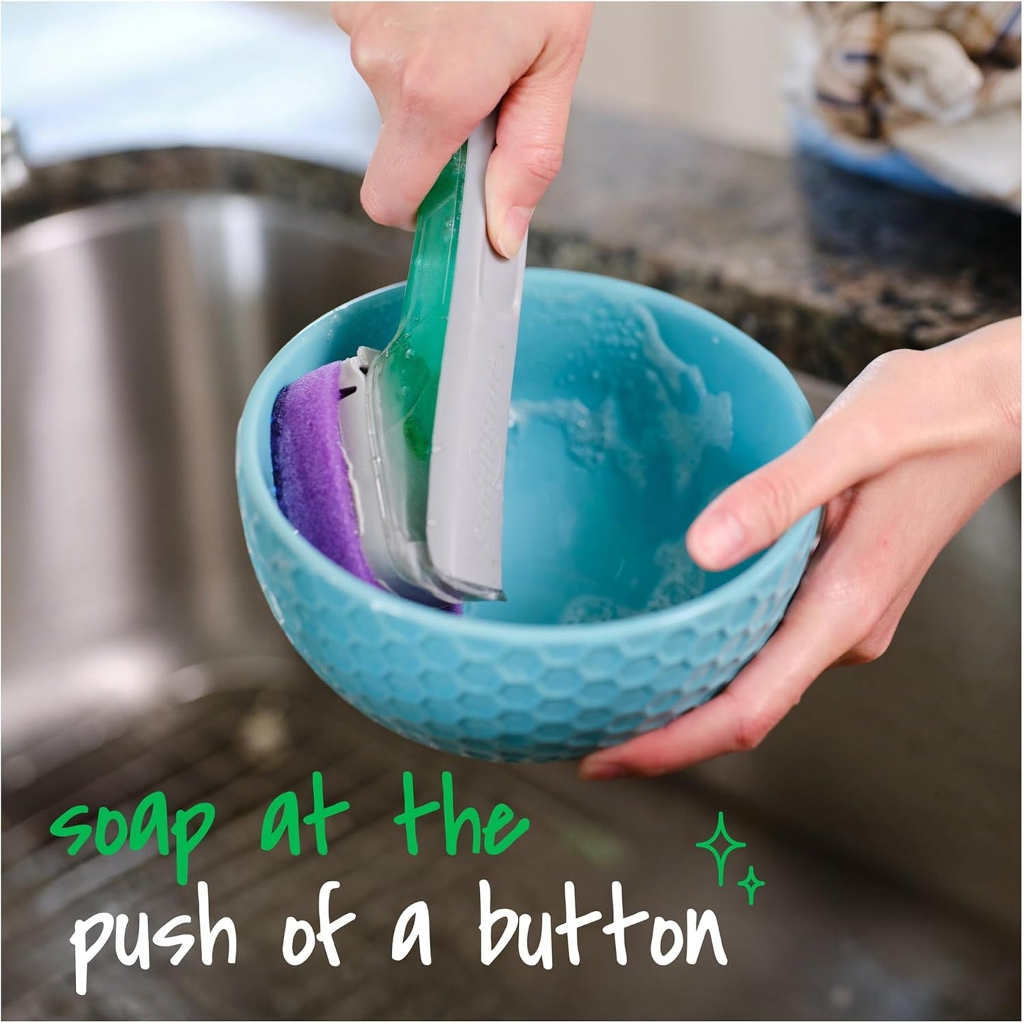 Scotch-Brite Advanced Soap Control Non-Scratch Dishwand Kit, 1 Dish Wand & 5 Sponge Refills, Prevents Soap from Leaking, Leak-Free Guarantee, Best for Nonstick Pots and Pans, Glass, Tubs, & Showers