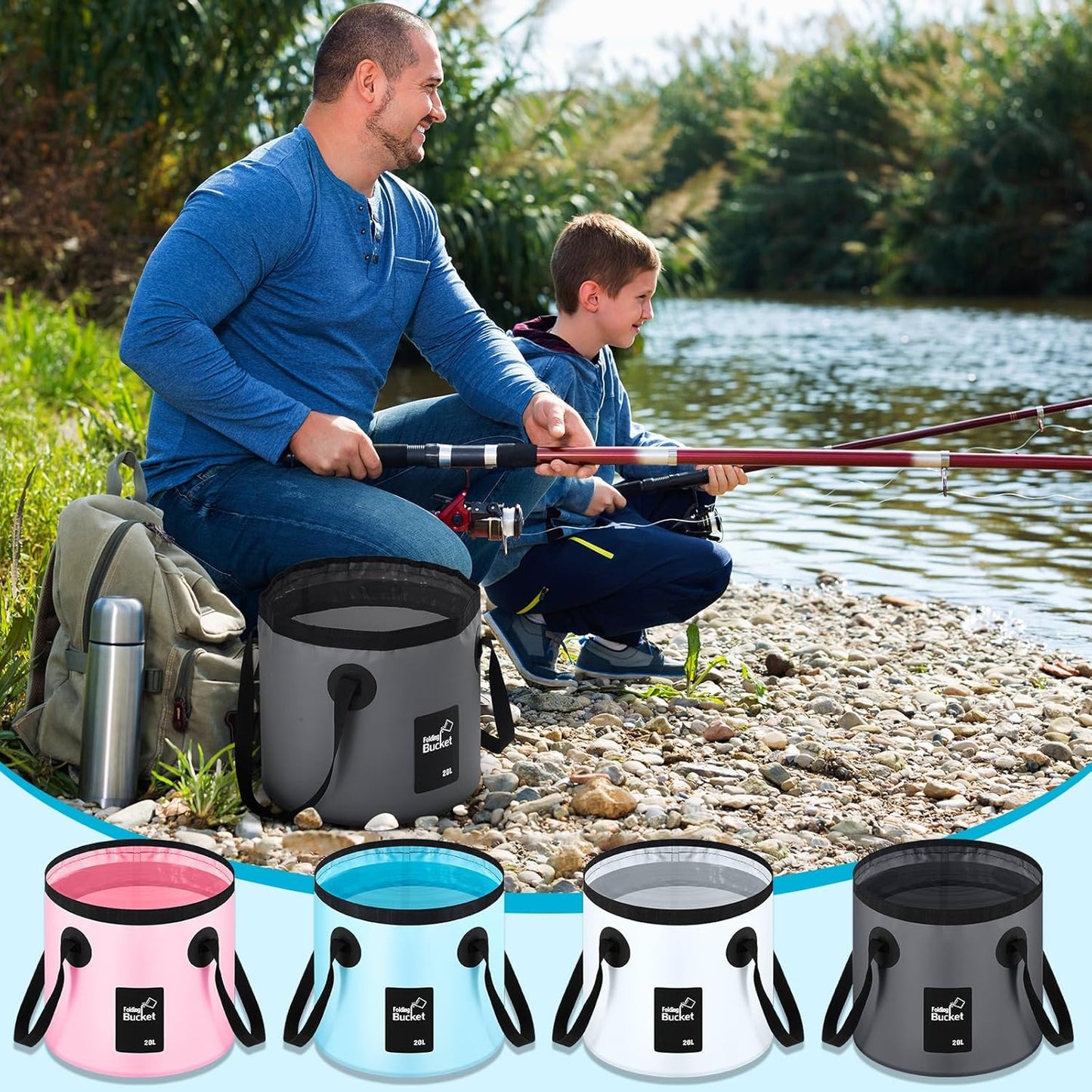 Tessco for you 4 Pcs 20L Collapsible Bucket with Handle 5 Gallon Portable Folding Bucket Foldable Water Container for Camping Hiking Fishing Beach Car Washing (Blue, Yellow, Orange, Black)