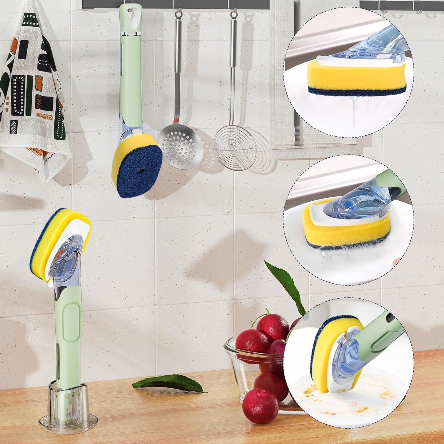 Dish Brush with Soap Dispenser Storage Set with 2 PCS Sponge Refills & Holder, Soap Dispensing Dish Brushes, Sponge with Soap Dispenser Handle, Dish Sponges with Handle for Dishes Pans Pots Sink