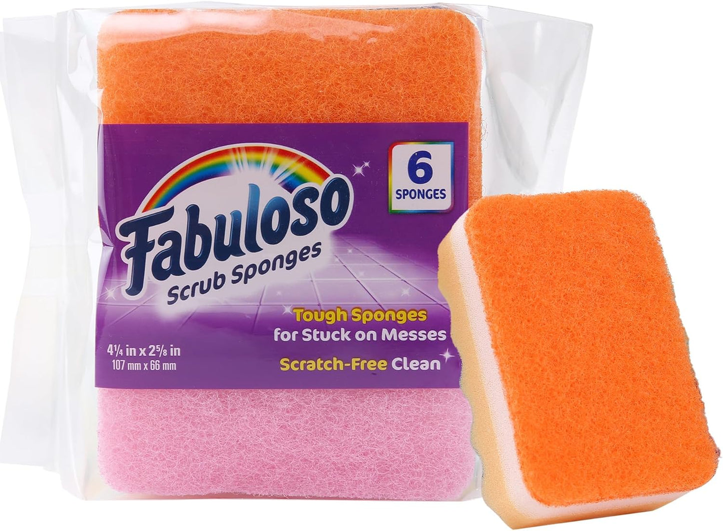 Fabuloso Scratch-Free Kitchen Dish Sponges, Purple Cellulose Scrubber Sponge with Scouring Pad for Dishes, Pots, Pans, Counters and Sinks, Tough on Messes, 4.25 x 2.75 x 1.25 in, 6 Count