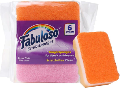 Fabuloso Scratch-Free Kitchen Dish Sponges, Purple Cellulose Scrubber Sponge with Scouring Pad for Dishes, Pots, Pans, Counters and Sinks, Tough on Messes, 4.25 x 2.75 x 1.25 in, 6 Count