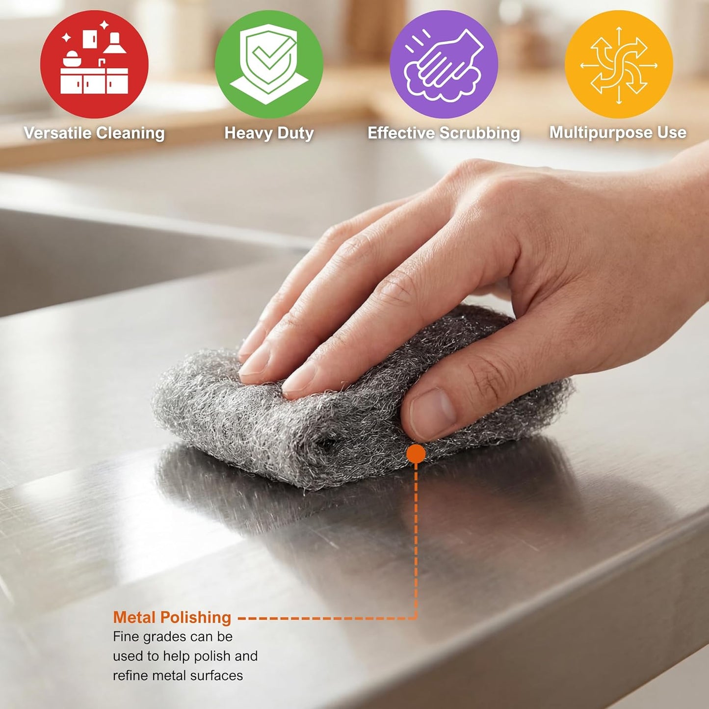 PAMI Extra Coarse #4 Stainless Steel Fiber Sponge Scrubbers Pack of 8 Steel Wool Pads Metal Sponges for Tough Cleaning Kitchen Bathroom