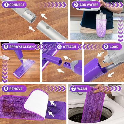 HOMTOYOU Spray Mops for Floor Cleaning: Wet Mop for Hardwood Tile Wood Laminate Vinyl - 3 Washable Microfiber Pads for Swiffer Powermop - Absorbs Pet Hair Dust