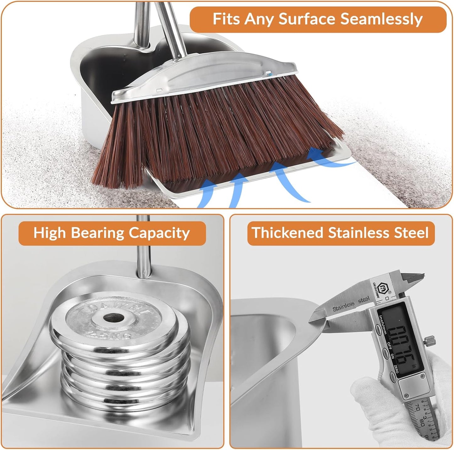 VOOWO Broom with Dustpan Combo Set, 46" Stainless Steel Broom and Dustpan Set for Home, Heavy Duty Dust Pan with Long Handle, Broom for Sweeping Indoor and Outdoor, Kitchen Broom and Dust Pan (Khaki)