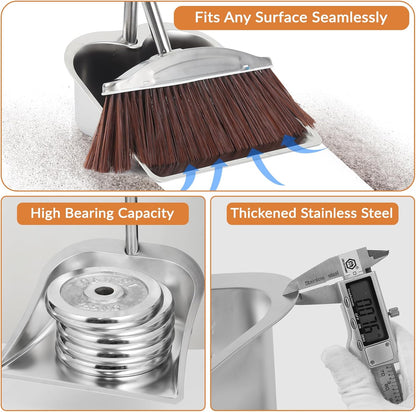 VOOWO Broom with Dustpan Combo Set, 46" Stainless Steel Broom and Dustpan Set for Home, Heavy Duty Dust Pan with Long Handle, Broom for Sweeping Indoor and Outdoor, Kitchen Broom and Dust Pan (Khaki)