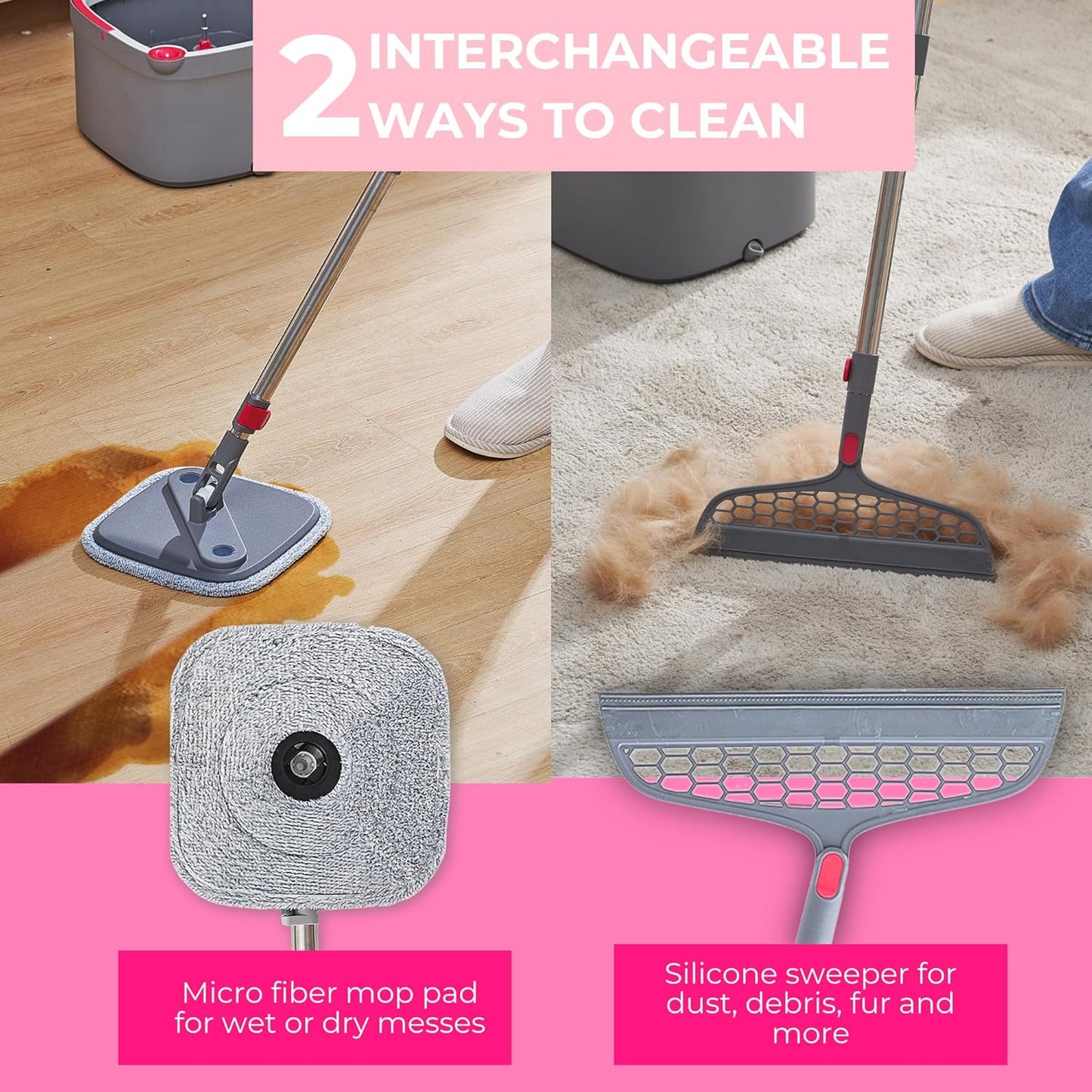 True & Tidy® True Clean Mop and Bucket System, Includes Square Spin, Dual Compartment Mop Bucket and 2 Thick Machine Washable Pads New Upgraded with Side Brush & Self Standing Handle, Rose