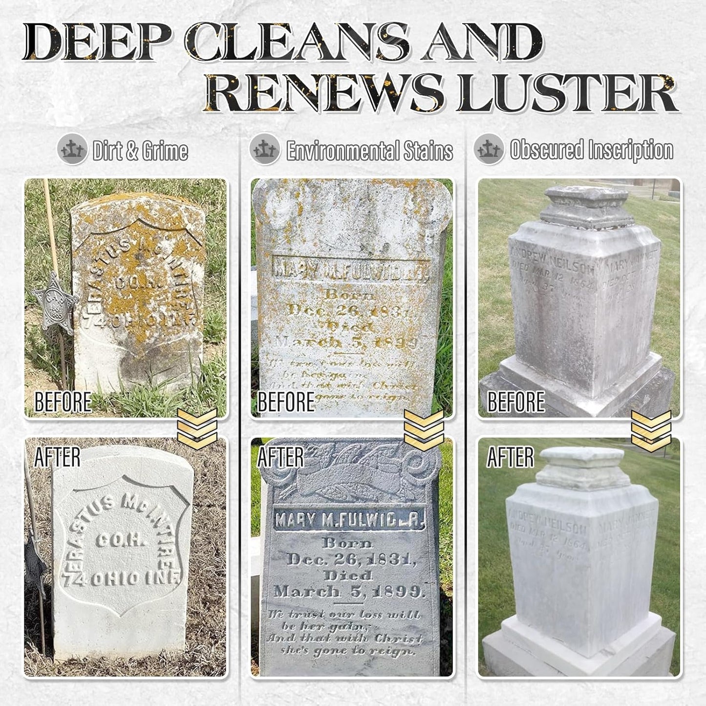 Headstone Cleaner for Graves, Tombstone & Headstone, Removes Dirt, Moss & Other Grime, for Restoring Natural Luster on Granite, Stone, Marble, Slate, Concrete & More, 8.8 oz