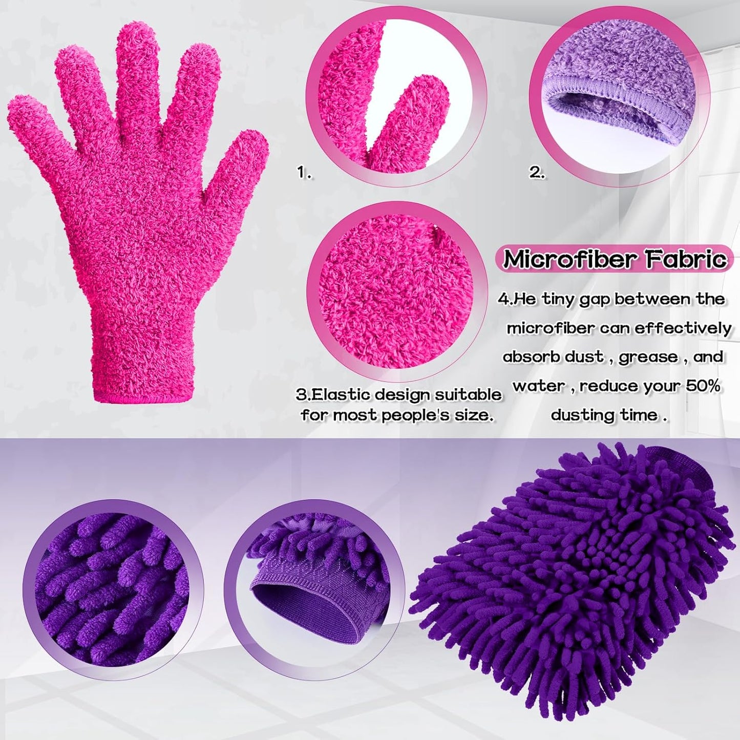 Potchen 6 Pcs Microfiber Dusting Mitt Gloves for Plants Washable Dusting Gloves for House Cleaning Furniture Car Washing