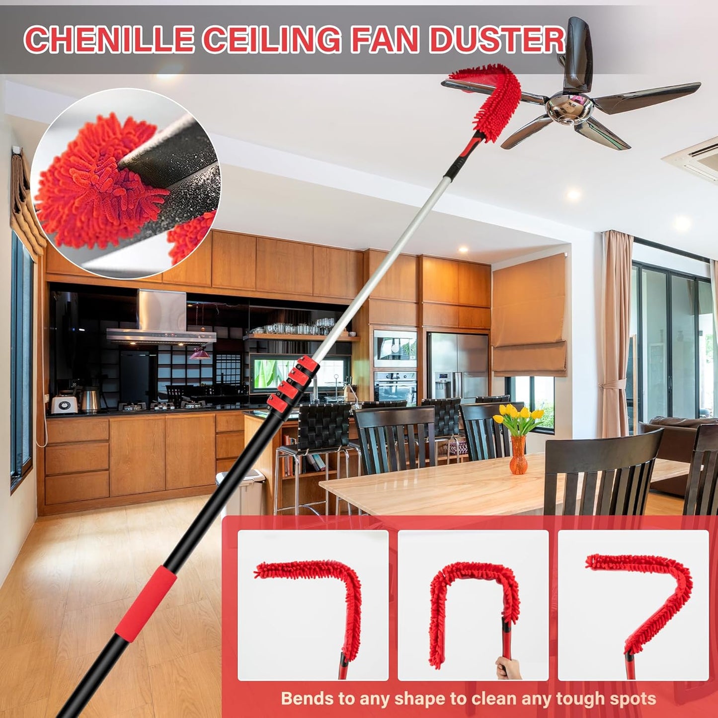 5-12 FT Extension Pole with 2 Outdoor Cobweb Brushes, 20 FT High Reach Ceiling Fan Cleaner Duster for Home, 12 FT Extendable Pole with 4 Pcs Dusting Tools, Cubweb Dusters, Feather Dusters, Fan Duster