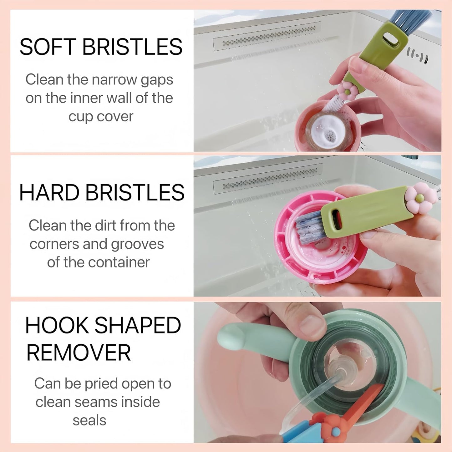 3 in 1 Cup Lid Cleaning Brush, Multifunctional Bottle Brush, Water Bottle Cleaner Brush, Portable Cup Lid Gap Cleaner, Home Kitchen Crevice Brush Tools (3 PCS)