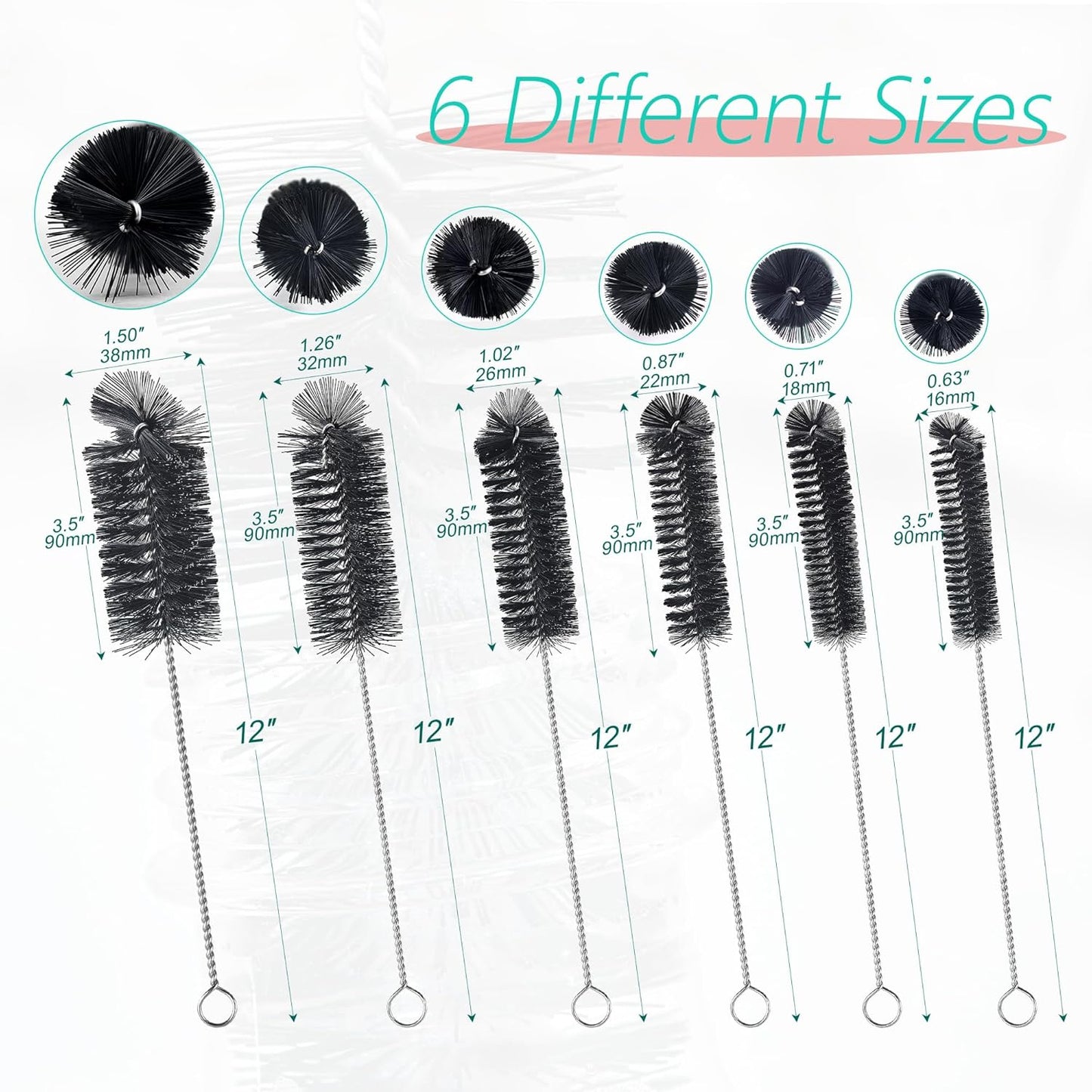 6 Pcs Straw Cleaner Brush Set, 12 Inch Long Pipe Tube Bottle Brushes for Narrow Neck Bottles, Hummingbird Feeders, Coffee Maker, Glass Cups - Includes Detachable Keyring