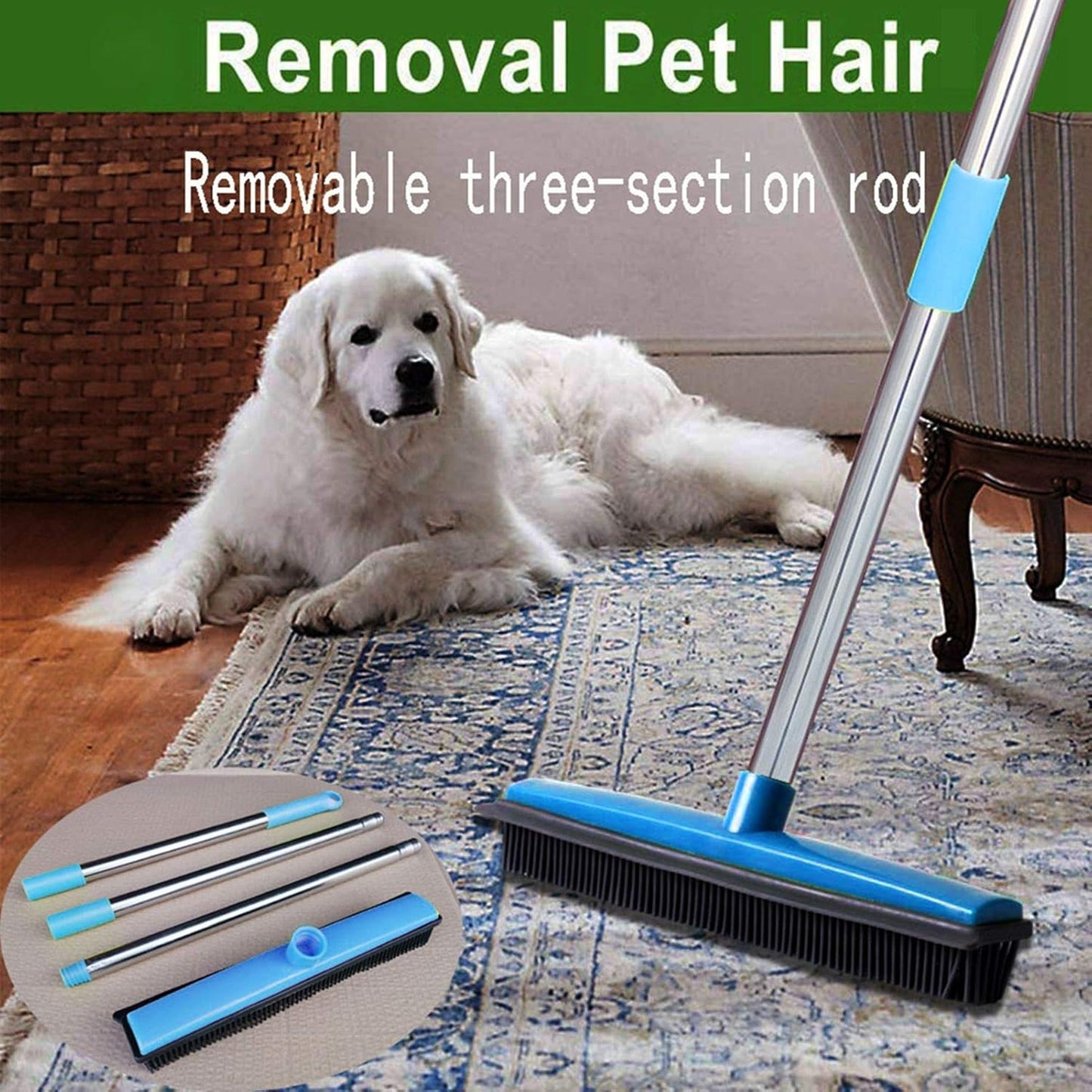 Telescopic Rubber Broom with Squeegee, Multifunction Adjustable Pet Hair Removal Carpet Rake for Fluff Rug Hardwood Floor (Black)