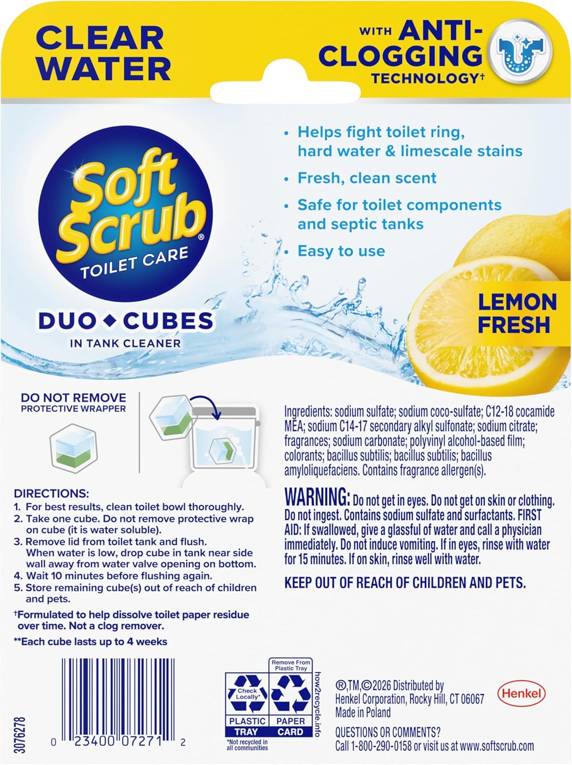 Soft Scrub In-Tank Toilet Cleaner Clear Water DuoCubes, 4ct, Lemon Fresh