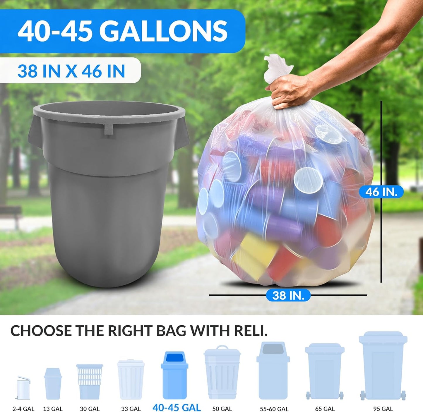 Reli. 40 to 45 Gallon Trash Bags Heavy Duty | 125 Trash Bags with Ties | Super Sizeable, Clear, Serious Garbage Cleanup