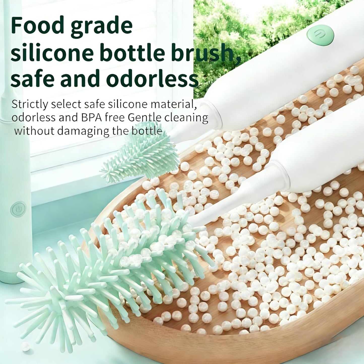 Portable Electric Silicone Bottle Brush Set, 7-in-1 UV Light USB Charging, Nipple/Straw Cleaner, Milk Mixer, Built-in Drying Rack & Storage Case, BPA-Free, IPX7, On-the-Go for New Parents (Mint)